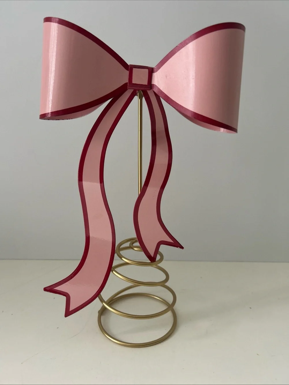 Pink Ribbon Bow Christmas Valentine’s Day Tree Topper Decor with Gold Base